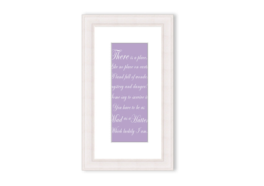 Framed print of Alice In Wonderland featuring the Mad Hatter in lilac tones, elegantly displayed with a choice of frame colors.