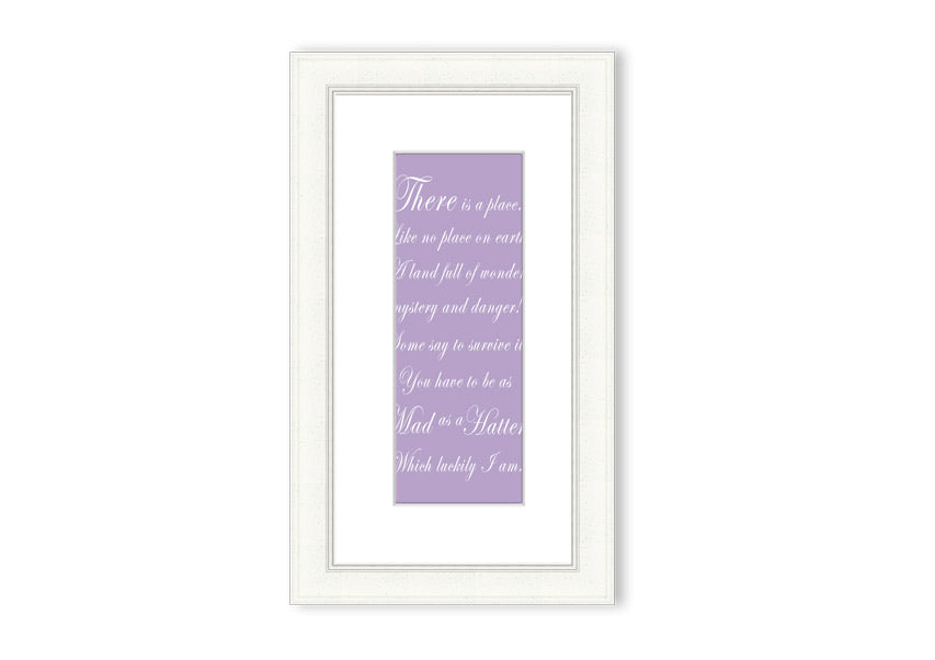 Framed print of Alice In Wonderland featuring the Mad Hatter in lilac tones, elegantly displayed with a choice of frame colors.