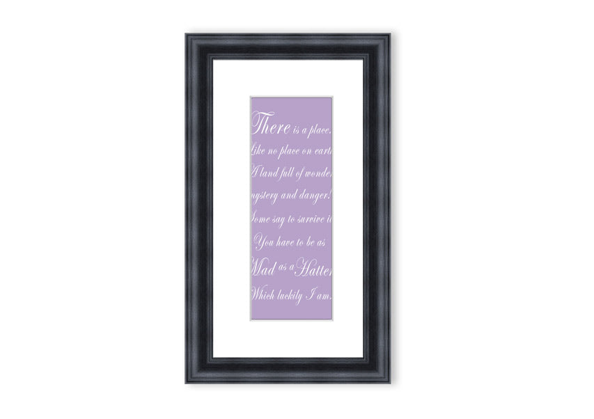 Framed print of Alice In Wonderland featuring the Mad Hatter in lilac tones, elegantly displayed with a choice of frame colors.