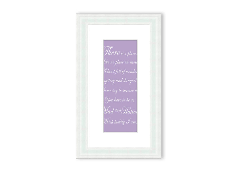 Framed print of Alice In Wonderland featuring the Mad Hatter in lilac tones, elegantly displayed with a choice of frame colors.
