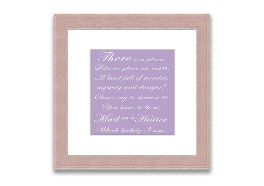 Framed print of Alice In Wonderland featuring the Mad Hatter in lilac tones, elegantly displayed with a choice of frame colors.