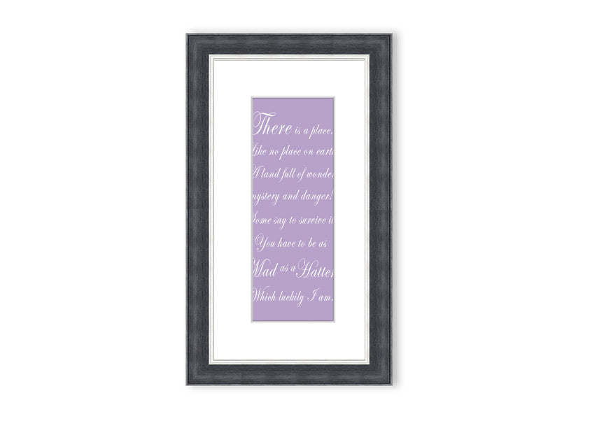 Framed print of Alice In Wonderland featuring the Mad Hatter in lilac tones, elegantly displayed with a choice of frame colors.