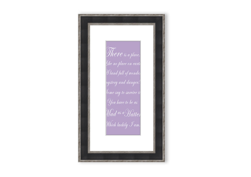 Framed print of Alice In Wonderland featuring the Mad Hatter in lilac tones, elegantly displayed with a choice of frame colors.