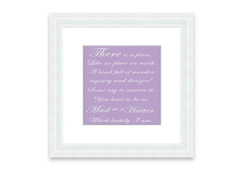 Framed print of Alice In Wonderland featuring the Mad Hatter in lilac tones, elegantly displayed with a choice of frame colors.