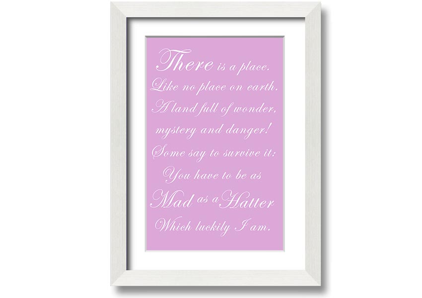 Framed print of Alice In Wonderland featuring the Mad Hatter in pink, showcasing whimsical art style and vibrant colors.