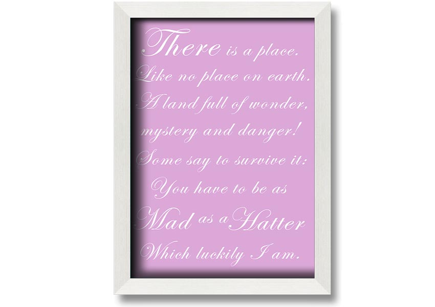 Framed print of Alice In Wonderland featuring the Mad Hatter in pink, showcasing whimsical art style and vibrant colors.