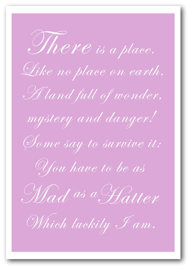 Alice In Wonderland As Mad As A Hatter Pink poster on high-quality canvas, featuring vibrant colors and whimsical design.