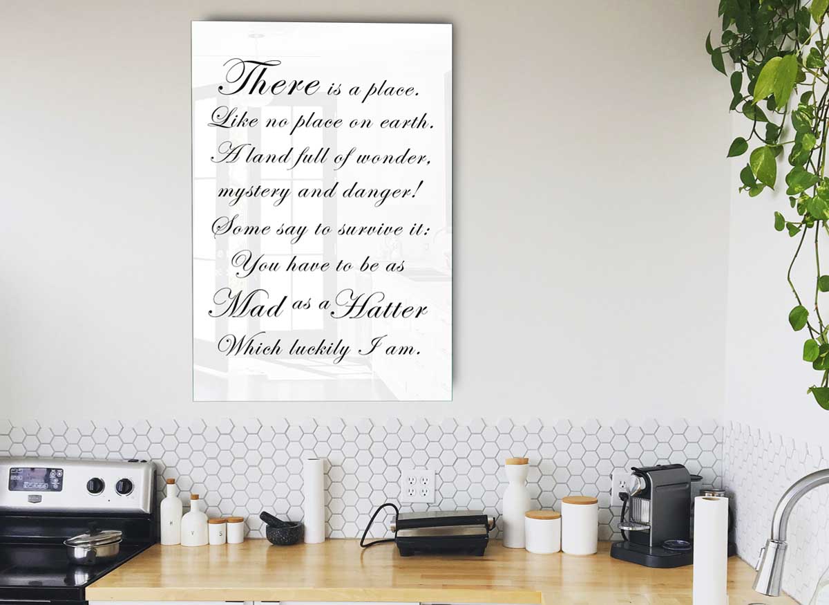 Alice In Wonderland glass print featuring the Mad Hatter in vibrant colors, perfect for modern home decor.