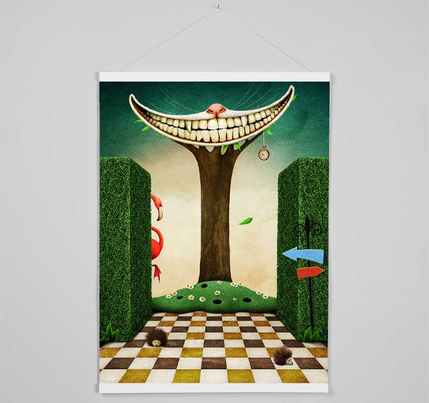 A stylish wooden poster hanger displaying the Cheshire Cat from Alice In Wonderland, featuring a slimline design with magnetic fastening.