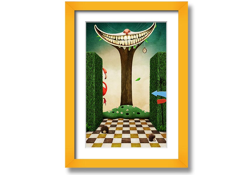 Framed print of the Cheshire Cat from Alice In Wonderland, showcasing its iconic grin and vibrant colors, available in various frame options.