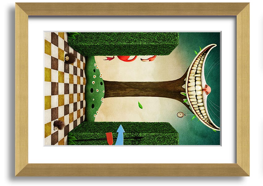 Framed print of the Cheshire Cat from Alice In Wonderland, showcasing its iconic grin and vibrant colors, available in various frame options.