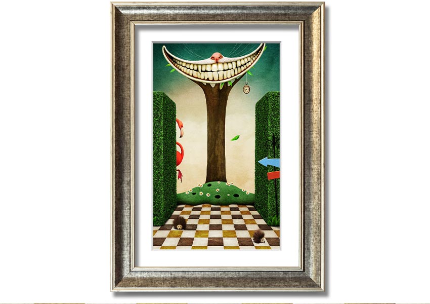 Framed print of the Cheshire Cat from Alice In Wonderland, showcasing its iconic grin and vibrant colors, available in various frame options.