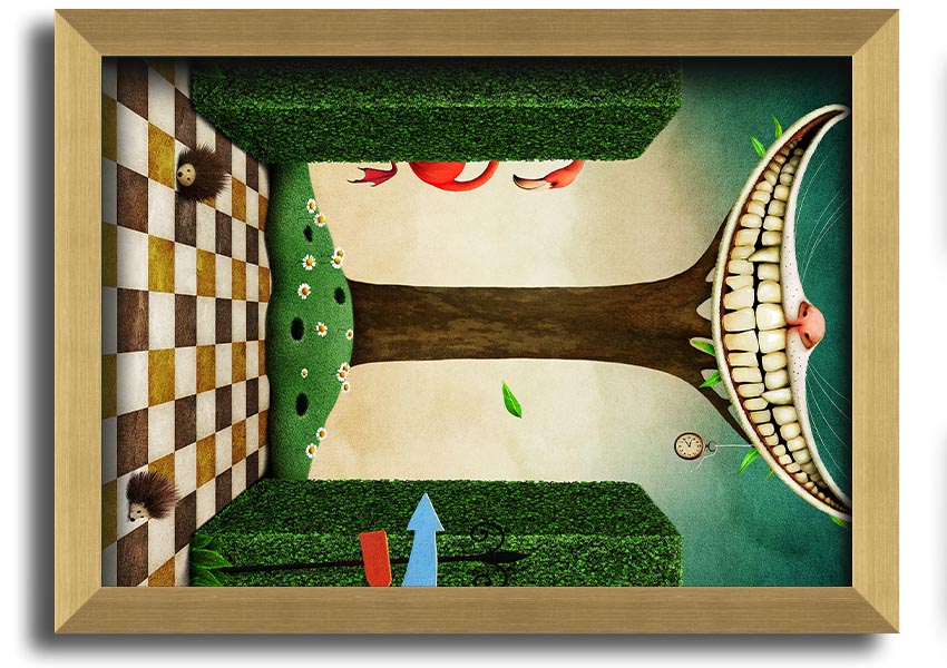 Framed print of the Cheshire Cat from Alice In Wonderland, showcasing its iconic grin and vibrant colors, available in various frame options.