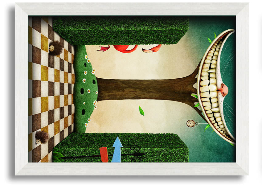 Framed print of the Cheshire Cat from Alice In Wonderland, showcasing its iconic grin and vibrant colors, available in various frame options.