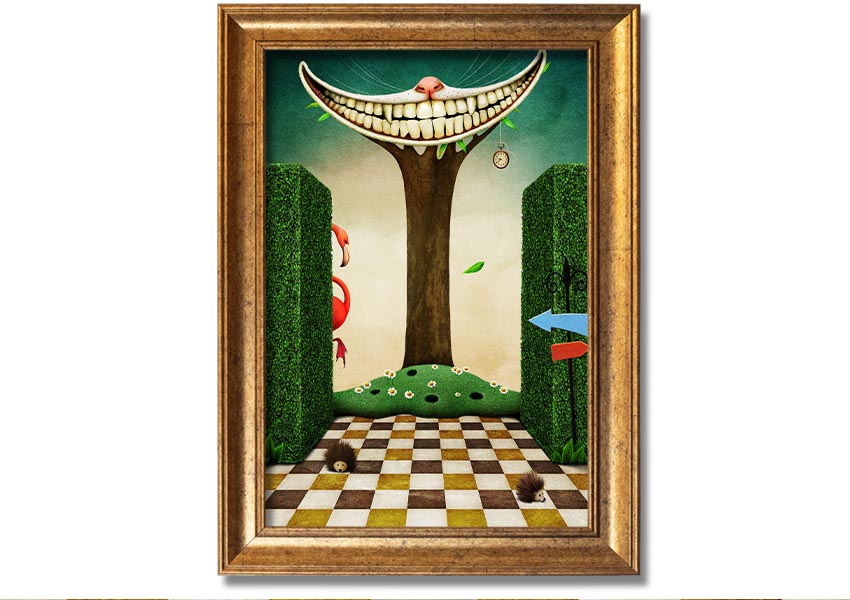 Framed print of the Cheshire Cat from Alice In Wonderland, showcasing its iconic grin and vibrant colors, available in various frame options.