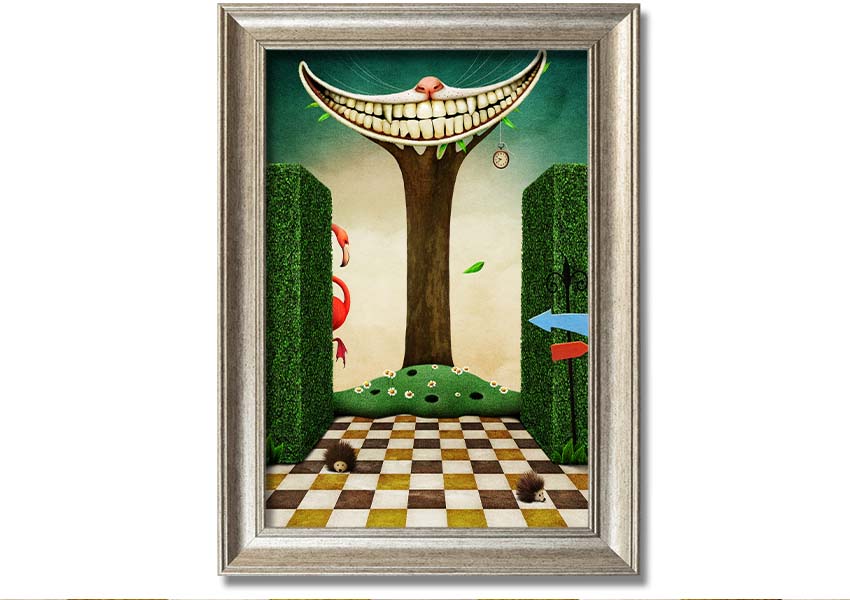 Framed print of the Cheshire Cat from Alice In Wonderland, showcasing its iconic grin and vibrant colors, available in various frame options.