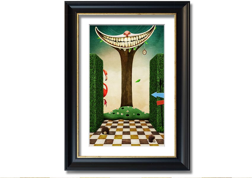 Framed print of the Cheshire Cat from Alice In Wonderland, showcasing its iconic grin and vibrant colors, available in various frame options.