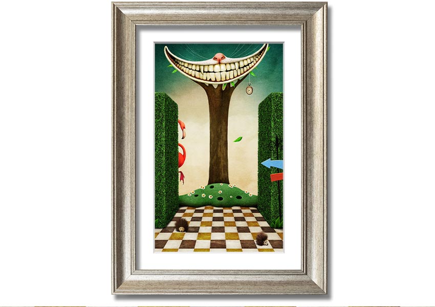 Framed print of the Cheshire Cat from Alice In Wonderland, showcasing its iconic grin and vibrant colors, available in various frame options.