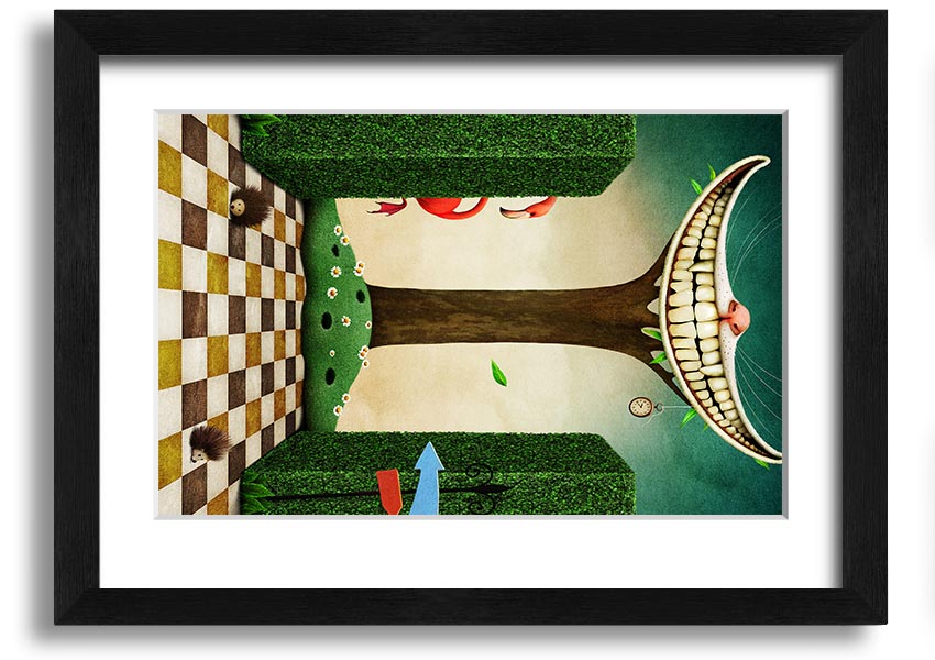 Framed print of the Cheshire Cat from Alice In Wonderland, showcasing its iconic grin and vibrant colors, available in various frame options.