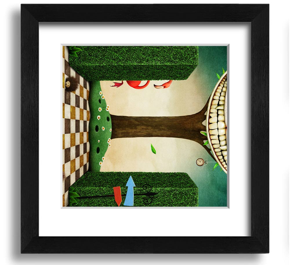 Square framed print of the Cheshire Cat from Alice In Wonderland, showcasing its iconic grin and vibrant colors.
