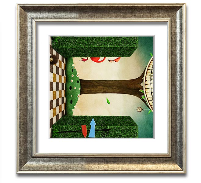 Square framed print of the Cheshire Cat from Alice In Wonderland, showcasing its iconic grin and vibrant colors.