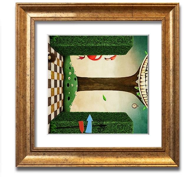 Square framed print of the Cheshire Cat from Alice In Wonderland, showcasing its iconic grin and vibrant colors.