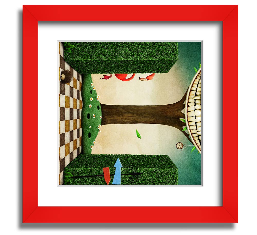 Square framed print of the Cheshire Cat from Alice In Wonderland, showcasing its iconic grin and vibrant colors.