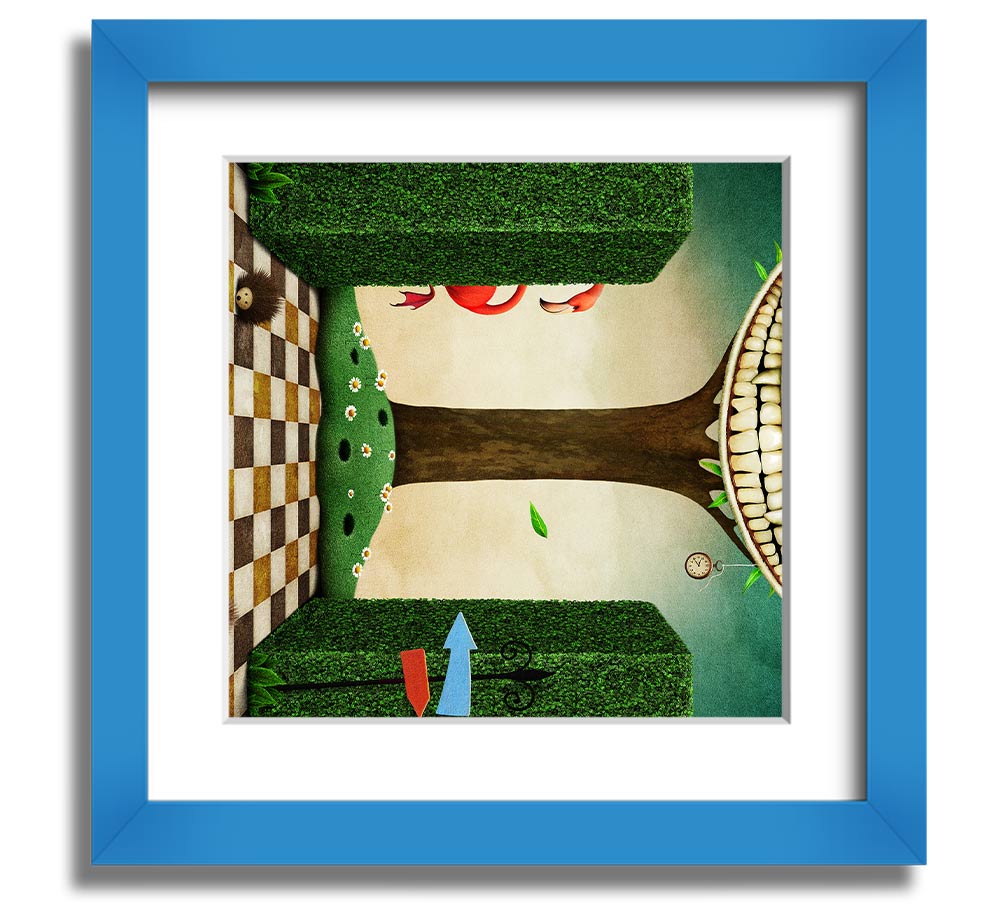 Square framed print of the Cheshire Cat from Alice In Wonderland, showcasing its iconic grin and vibrant colors.