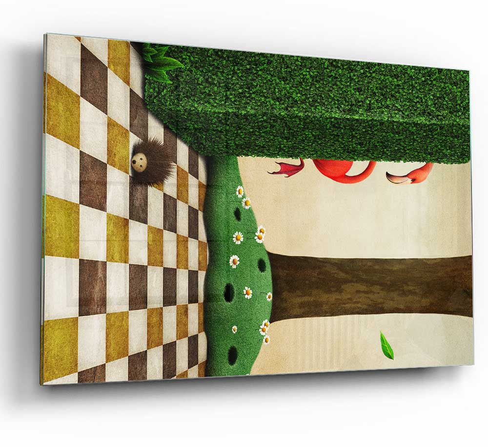 A vibrant glass print featuring the Cheshire Cat from Alice In Wonderland, showcasing its iconic grin and whimsical design.