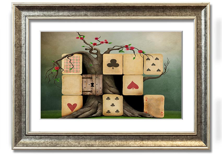 Alice In Wonderland Dice Tree framed print with colorful design, handmade in the UK, ready to hang.