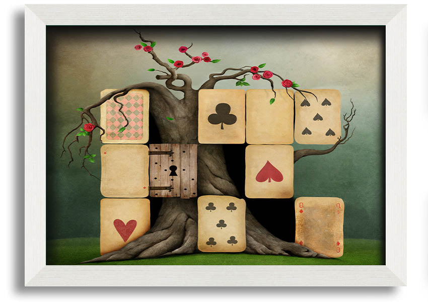 Alice In Wonderland Dice Tree framed print with colorful design, handmade in the UK, ready to hang.