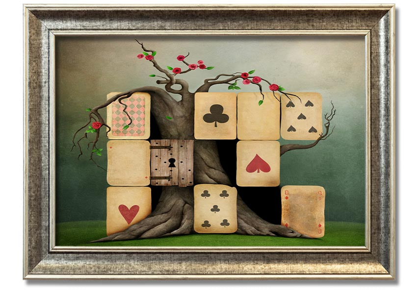 Alice In Wonderland Dice Tree framed print with colorful design, handmade in the UK, ready to hang.
