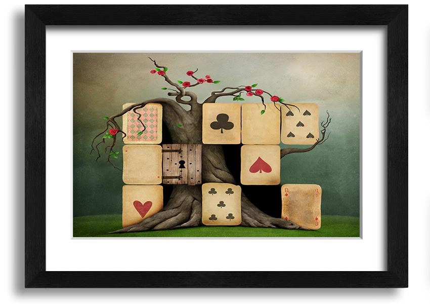 Alice In Wonderland Dice Tree framed print with colorful design, handmade in the UK, ready to hang.
