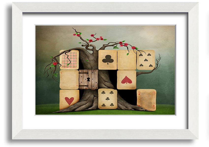 Alice In Wonderland Dice Tree framed print with colorful design, handmade in the UK, ready to hang.