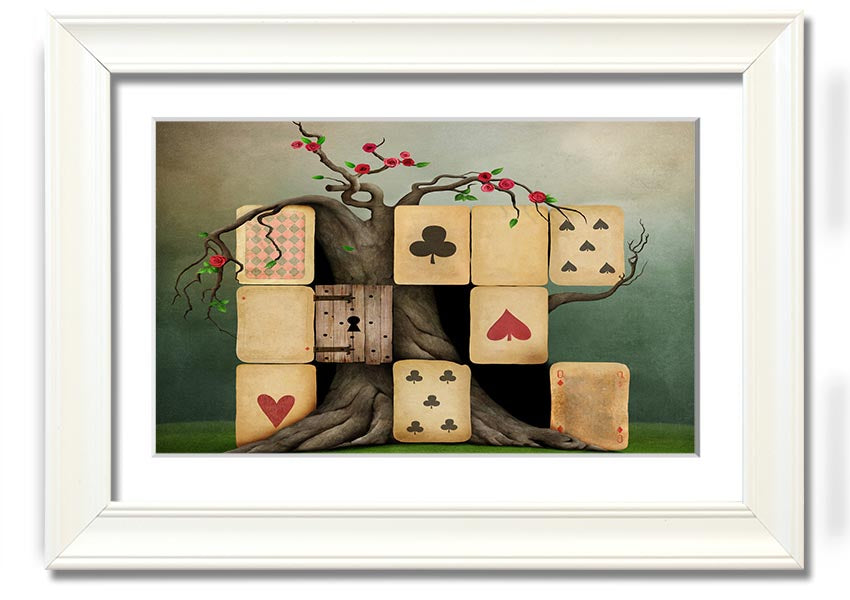 Alice In Wonderland Dice Tree framed print with colorful design, handmade in the UK, ready to hang.
