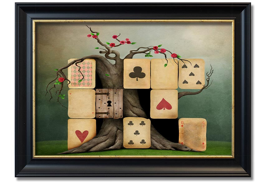 Alice In Wonderland Dice Tree framed print with colorful design, handmade in the UK, ready to hang.
