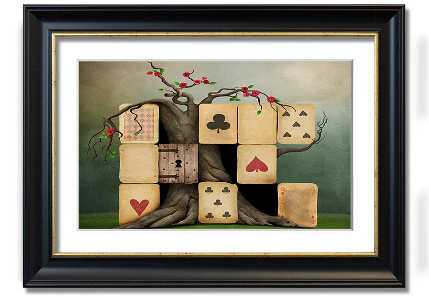 Alice In Wonderland Dice Tree framed print with colorful design, handmade in the UK, ready to hang.