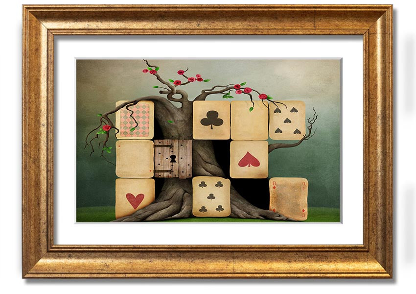 Alice In Wonderland Dice Tree framed print with colorful design, handmade in the UK, ready to hang.