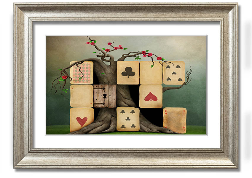Alice In Wonderland Dice Tree framed print with colorful design, handmade in the UK, ready to hang.