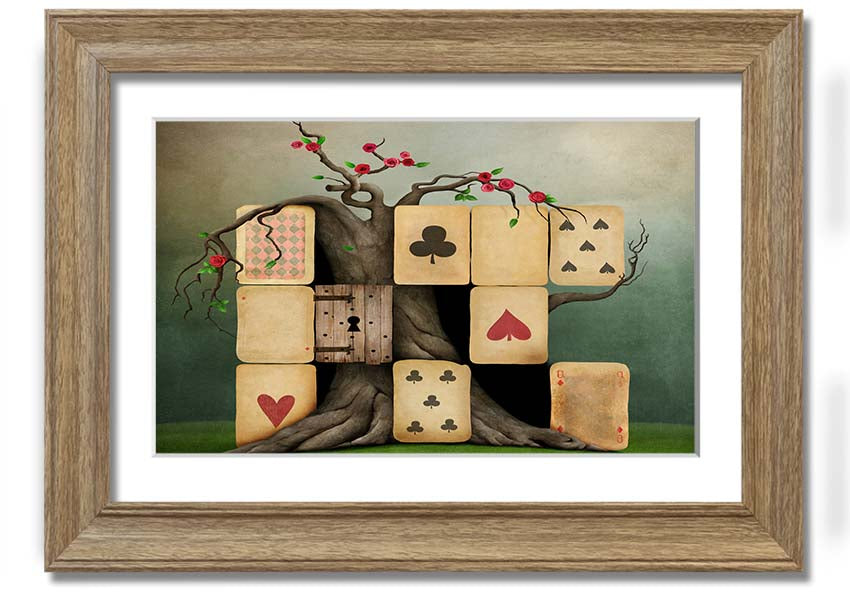 Alice In Wonderland Dice Tree framed print with colorful design, handmade in the UK, ready to hang.