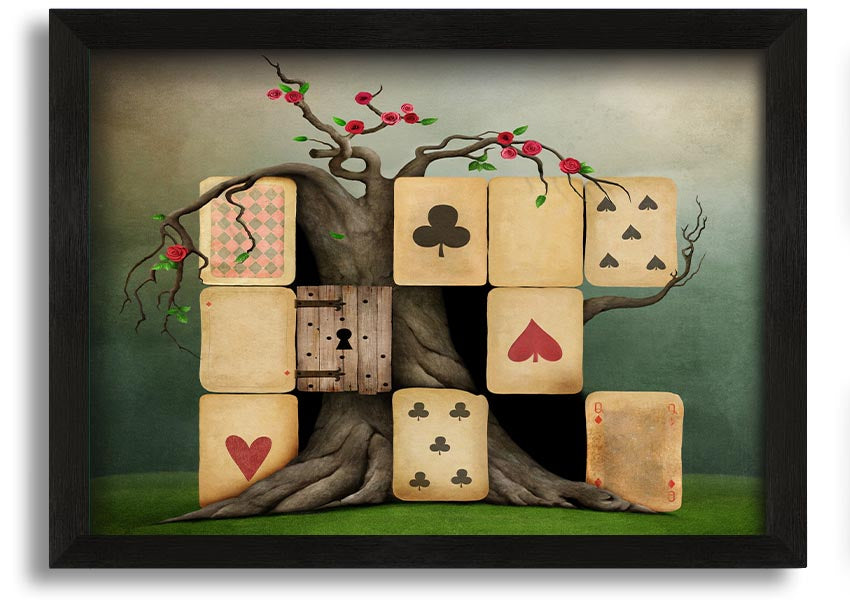Alice In Wonderland Dice Tree framed print with colorful design, handmade in the UK, ready to hang.