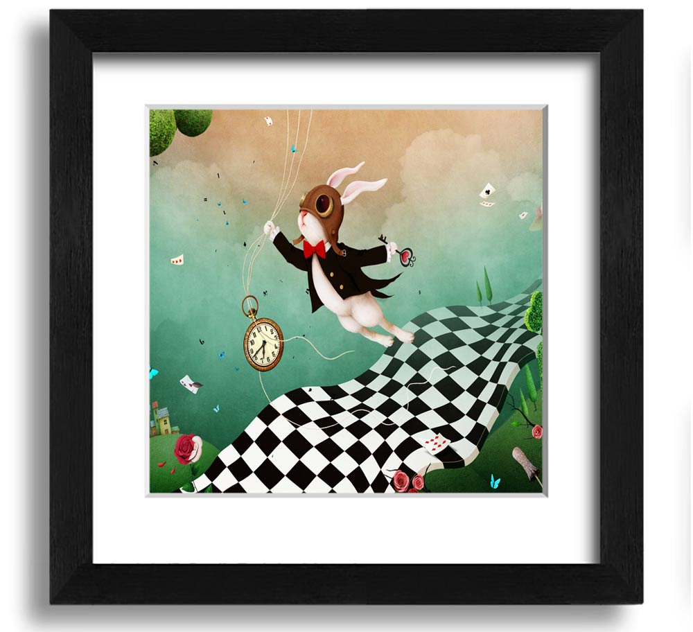 Alice In Wonderland Out Of Time Square Framed Print in various frame colors, showcasing whimsical artwork.