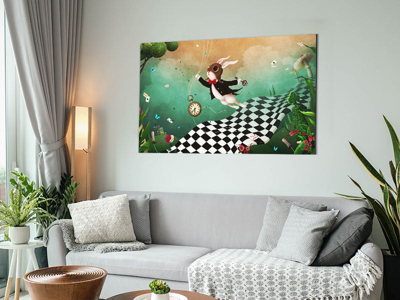 Alice In Wonderland Out Of Time art piece printed on brushed aluminium dibond, showcasing vibrant colors and whimsical characters.