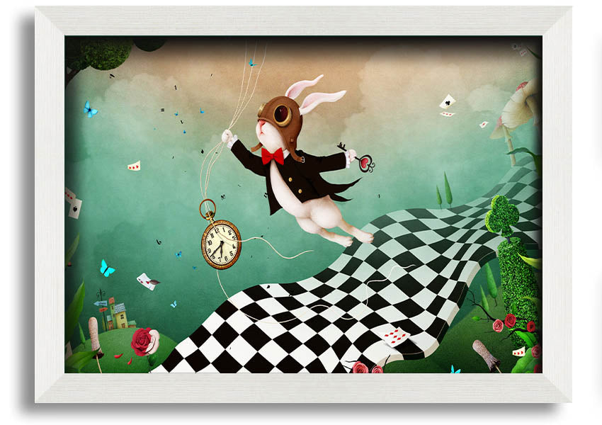 Framed print of Alice In Wonderland Out Of Time, showcasing vibrant colors and intricate designs, ready to hang.
