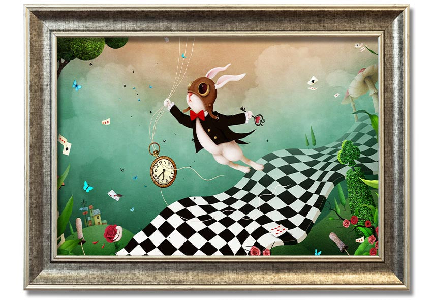 Framed print of Alice In Wonderland Out Of Time, showcasing vibrant colors and intricate designs, ready to hang.