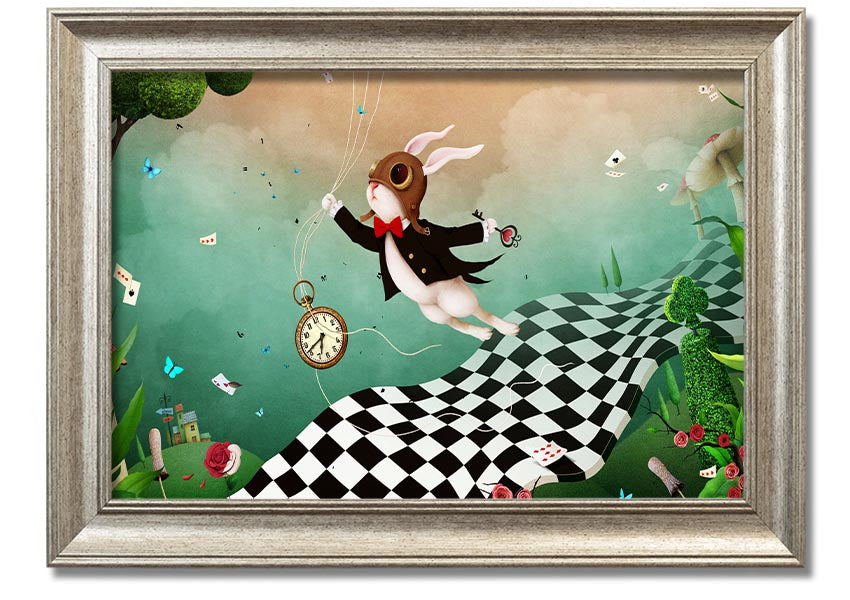 Framed print of Alice In Wonderland Out Of Time, showcasing vibrant colors and intricate designs, ready to hang.