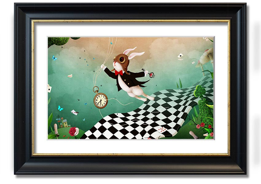 Framed print of Alice In Wonderland Out Of Time, showcasing vibrant colors and intricate designs, ready to hang.