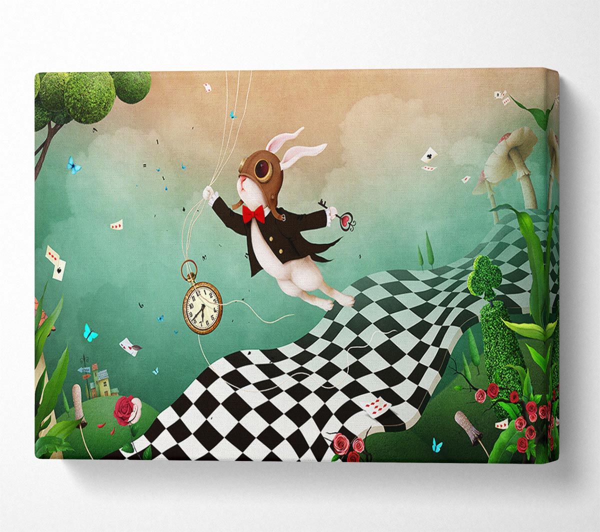 Alice In Wonderland Out Of Time canvas art, featuring vibrant colors and whimsical design, mounted on a sturdy 44mm box frame, ready to hang.