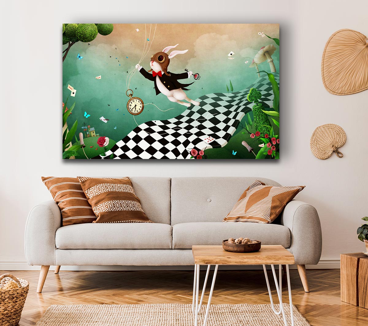 Alice In Wonderland Out Of Time canvas art, featuring vibrant colors and whimsical design, mounted on a sturdy 44mm box frame, ready to hang.