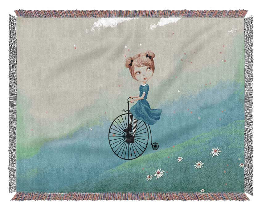 Alice In Wonderland Penny Farthing throw blanket made from 100% cotton, featuring a classic design and thermal weave for breathability.